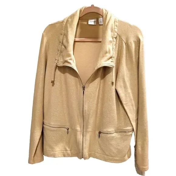 Chico's Size 1 (Medium) Zenergy Gold Cotton Jacket Cowl Neck Draw String Holiday - Picture 6 of 9